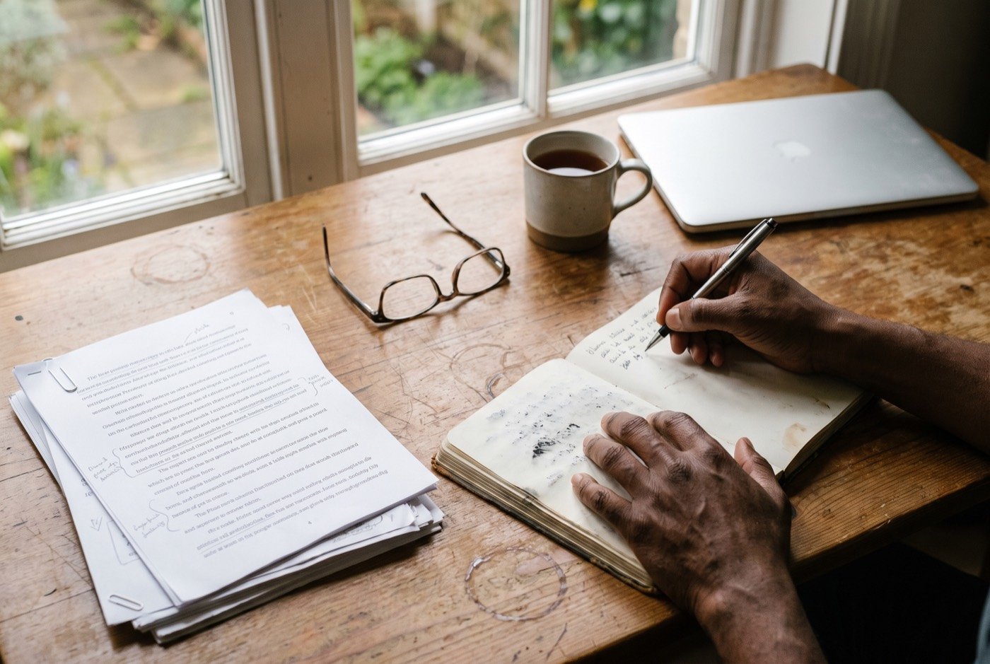 A writer at work on a manuscript