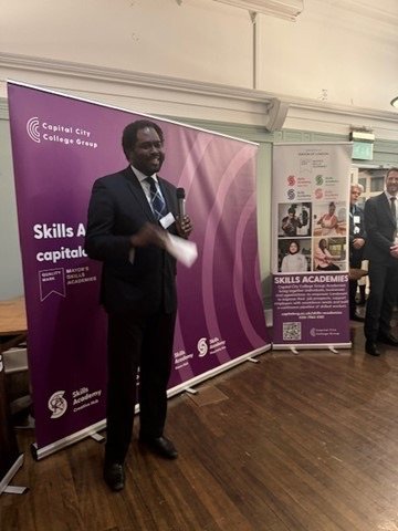 Ayo Akande speaking at a Skills Academies event